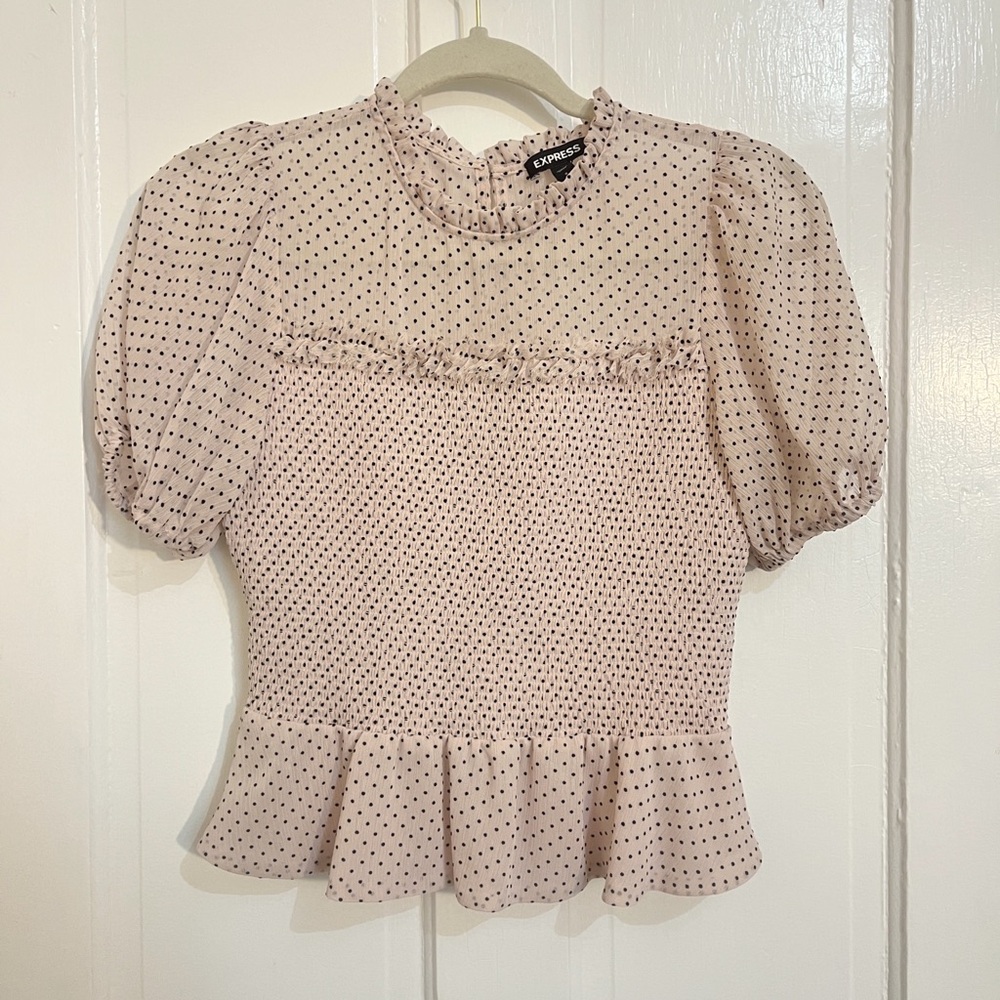 Express Pink Polka Dot Smocked Peplum Top